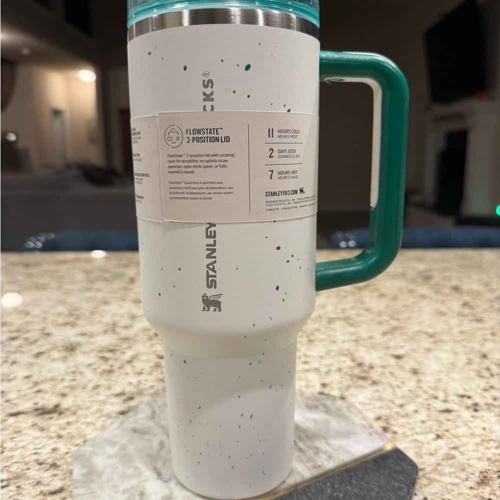 Stanley Speckled White and Teal Travel Mug